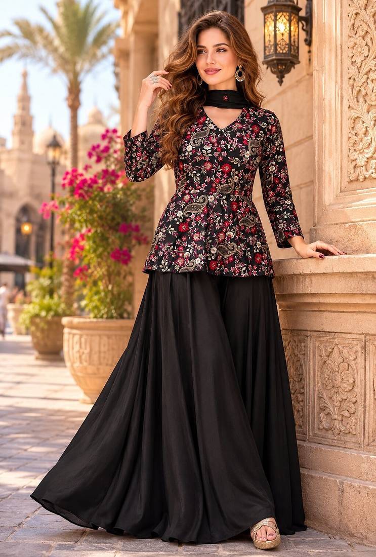 Black chinon embroidered with squence work free size salwar suit