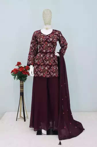 Purpul chinon embroidered with squence work free size salwar suit