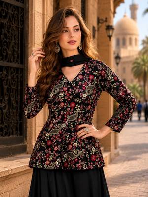 Black chinon embroidered with squence work free size salwar suit 2
