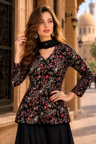 Black chinon embroidered with squence work free size salwar suit