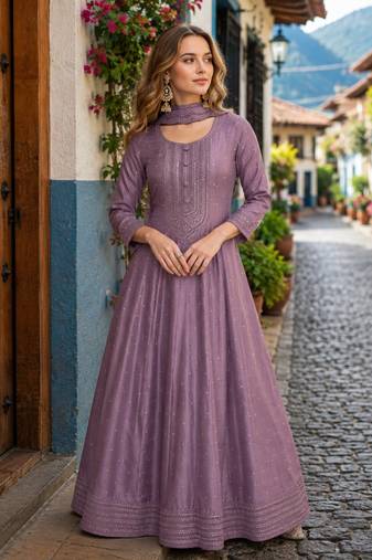 Levender embroidered vichitra silk free size stitched anarkali suit