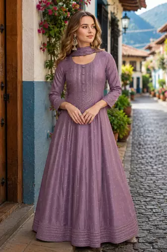 Levender embroidered vichitra silk free size stitched anarkali suit