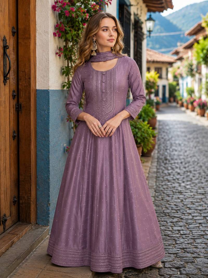 Levender embroidered vichitra silk free size stitched anarkali suit