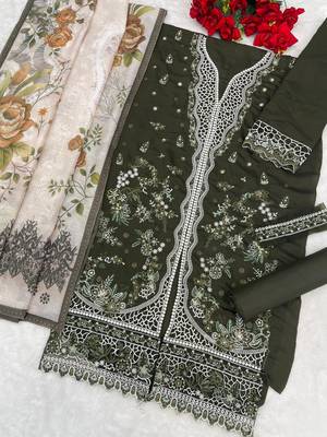 Mehendi slub cotton suit with embroidered mutlri work 3