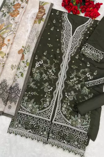 Mehendi slub cotton semi stitched suit with embroidered mutlri work