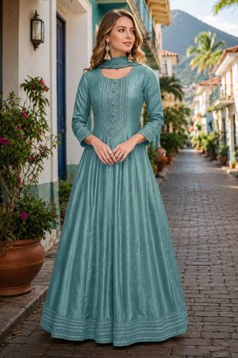 Teal green embroidered vichitra silk free size stitched anarkali suit