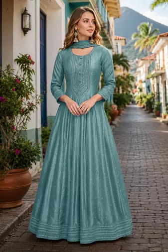 Teal green embroidered vichitra silk free size stitched anarkali suit