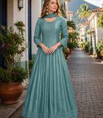 Teal green embroidered vichitra silk free size stitched anarkali suit