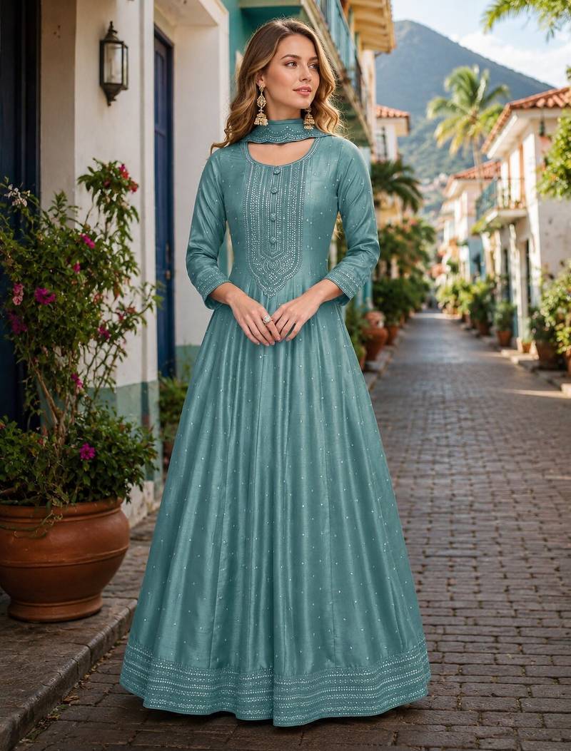 Teal green embroidered vichitra silk free size stitched anarkali suit