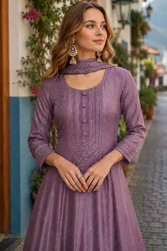 Levender embroidered vichitra silk free size stitched anarkali suit