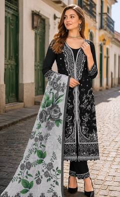 Black slub cotton suit with embroidered mutlri work 1