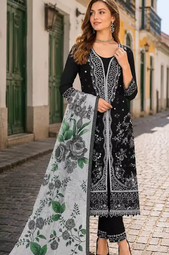 Black slub cotton semi stitched suit with embroidered mutlri work