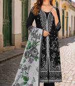 Black slub cotton semi stitched suit with embroidered mutlri work