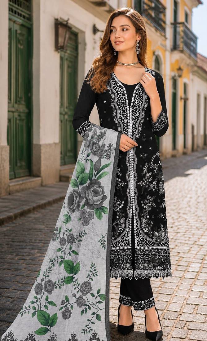 Black slub cotton semi stitched suit with embroidered mutlri work