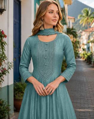 Teal green embroidered vichitra silk free size stitched anarkali suit 2