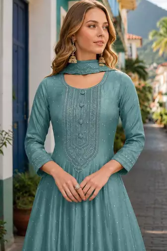 Teal green embroidered vichitra silk free size stitched anarkali suit