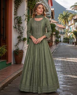 Light olive embroidered vichitra silk free size stitched anarkali suit 1