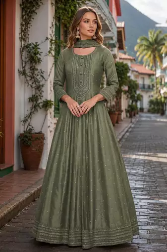 Light olive embroidered vichitra silk free size stitched anarkali suit