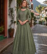 Light olive embroidered vichitra silk free size stitched anarkali suit