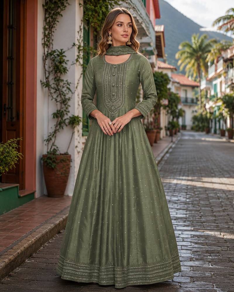 Light olive embroidered vichitra silk free size stitched anarkali suit