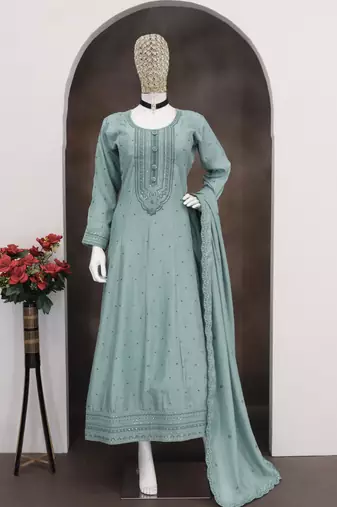 Teal green embroidered vichitra silk free size stitched anarkali suit