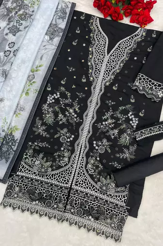 Black slub cotton semi stitched suit with embroidered mutlri work