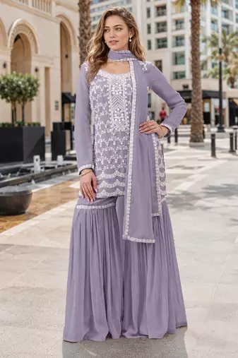 Lavender faux georgette semi stitched suit with embroidery cotton thread & sequence work