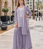 Lavender faux georgette semi stitched suit with embroidery cotton thread & sequence work
