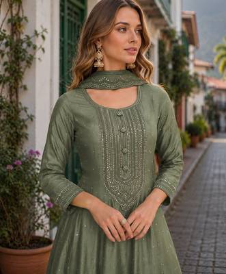 Light olive embroidered vichitra silk free size stitched anarkali suit 2