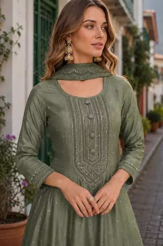 Light olive embroidered vichitra silk free size stitched anarkali suit