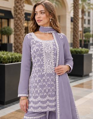 Lavender faux georgette suit with embroidery cotton thread & sequin work 2