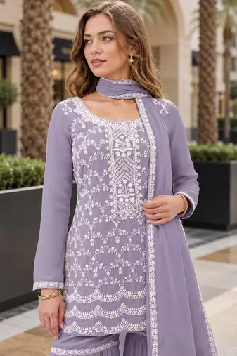 Lavender faux georgette semi stitched suit with embroidery cotton thread & sequence work