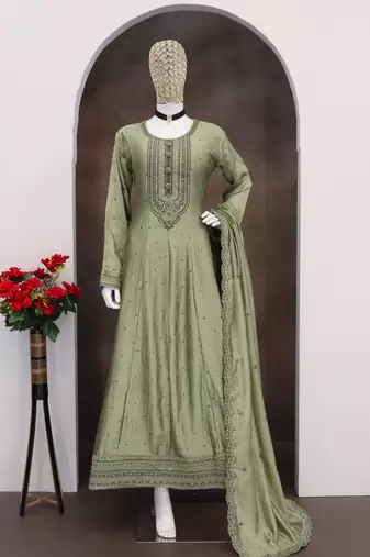 Light olive embroidered vichitra silk free size stitched anarkali suit