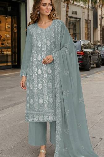 Sea green faux georgette semi stitched suit with embroidery & sequence work