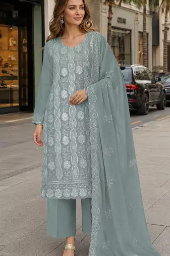 Sea green faux georgette semi stitched suit with embroidery & sequence work