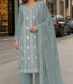 Sea green faux georgette semi stitched suit with embroidery & sequence work
