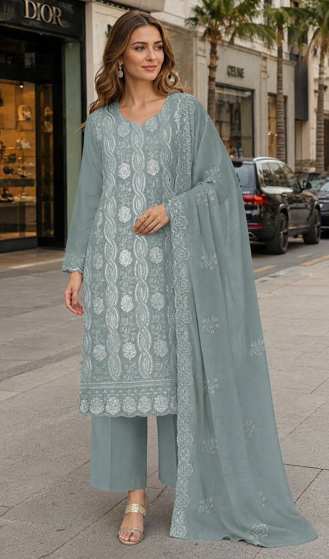 Sea green faux georgette semi stitched suit with embroidery & sequence work