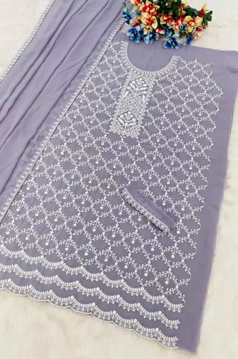 Lavender faux georgette semi stitched suit with embroidery cotton thread & sequence work