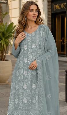 Sea green faux georgette suit with embroidery & sequin work 2