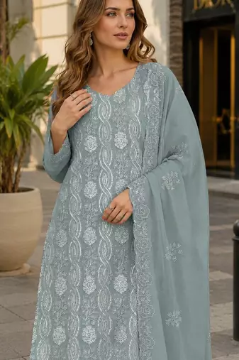 Sea green faux georgette semi stitched suit with embroidery & sequence work