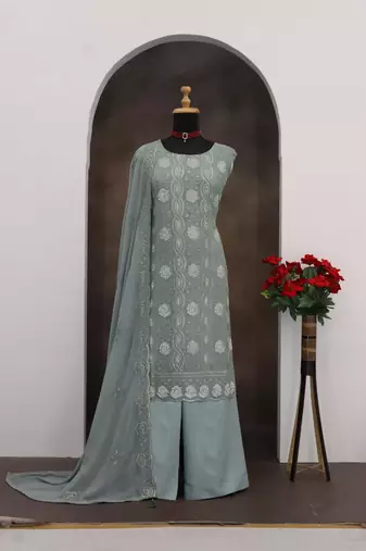 Sea green faux georgette semi stitched suit with embroidery & sequence work