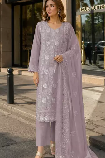 Lavender faux georgette semi stitched suit with embroidery & sequence work