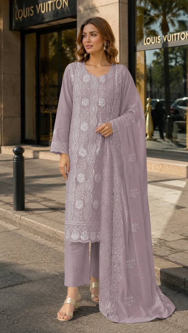 Lavender faux georgette semi stitched suit with embroidery & sequence work