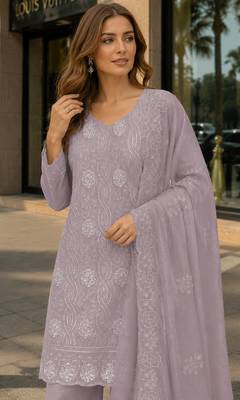 Lavender faux georgette suit with embroidery & sequin work 2
