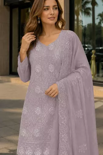 Lavender faux georgette semi stitched suit with embroidery & sequence work