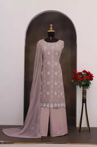 Lavender faux georgette semi stitched suit with embroidery & sequence work