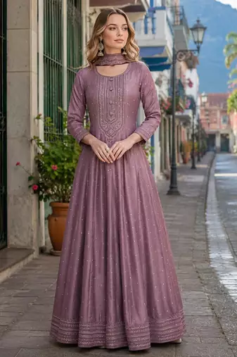 Onion pink embroidered vichitra silk free size stitched anarkali suit