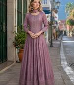 Onion pink embroidered vichitra silk free size stitched anarkali suit