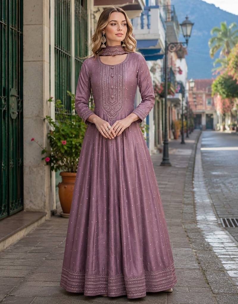 Onion pink embroidered vichitra silk free size stitched anarkali suit