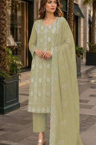 Green faux georgette semi stitched suit with embroidery & sequence work